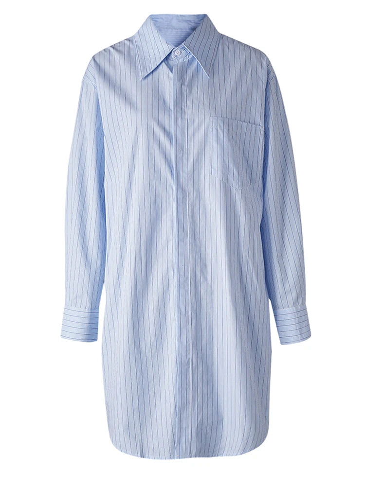 Women Blue Striped Pleated Elegant Big Size Blouse New Lapel Long Sleeve Shirt Fashion Tide Spring Autumn 2025 7AB1822