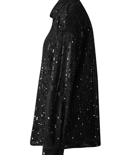 Women Black Sequins Elegant Perspective Big Size Blouse New Lapel Long Sleeve Shirt Fashion Spring Autumn 2025 CPG3180