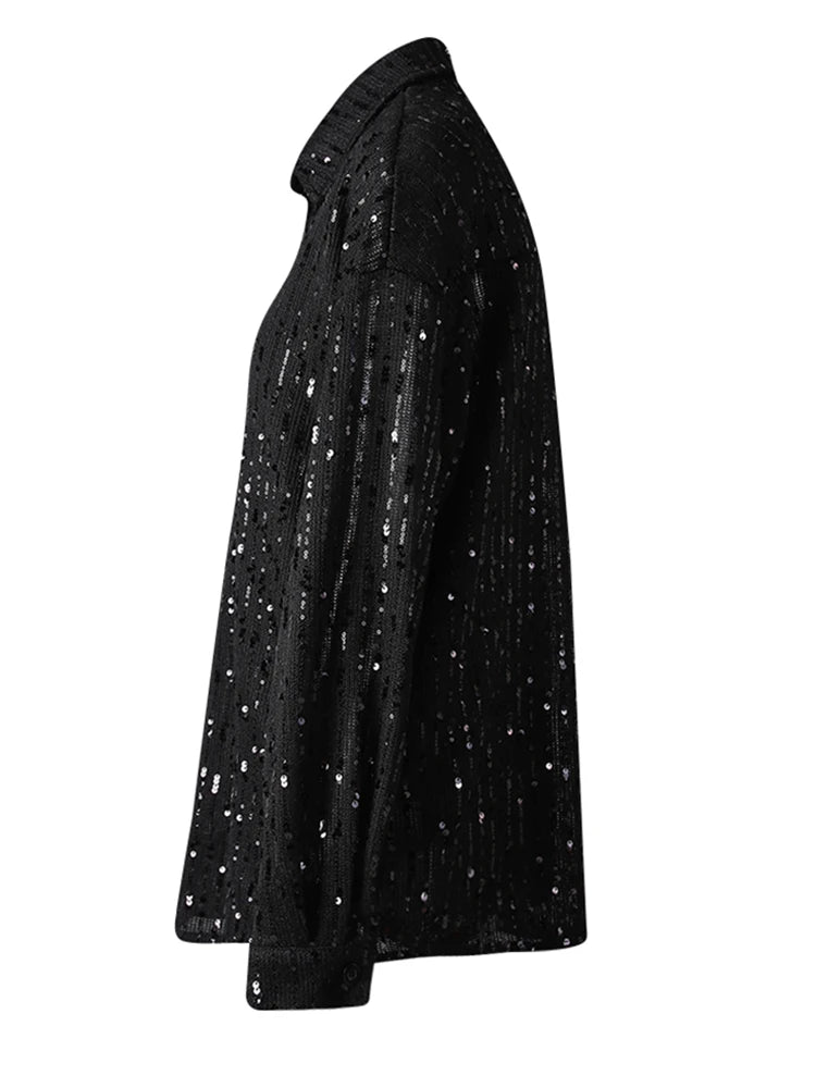 Women Black Sequins Elegant Perspective Big Size Blouse New Lapel Long Sleeve Shirt Fashion Spring Autumn 2025 CPG3180