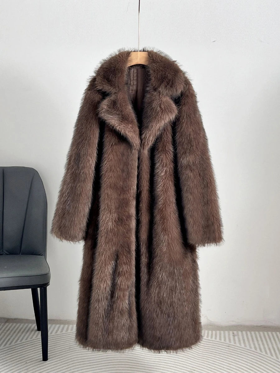 Solid Loose Fur Long Coat for Women Lapel Long Sleeve Temperament Elegant Coats Female Fashion Style Fashion