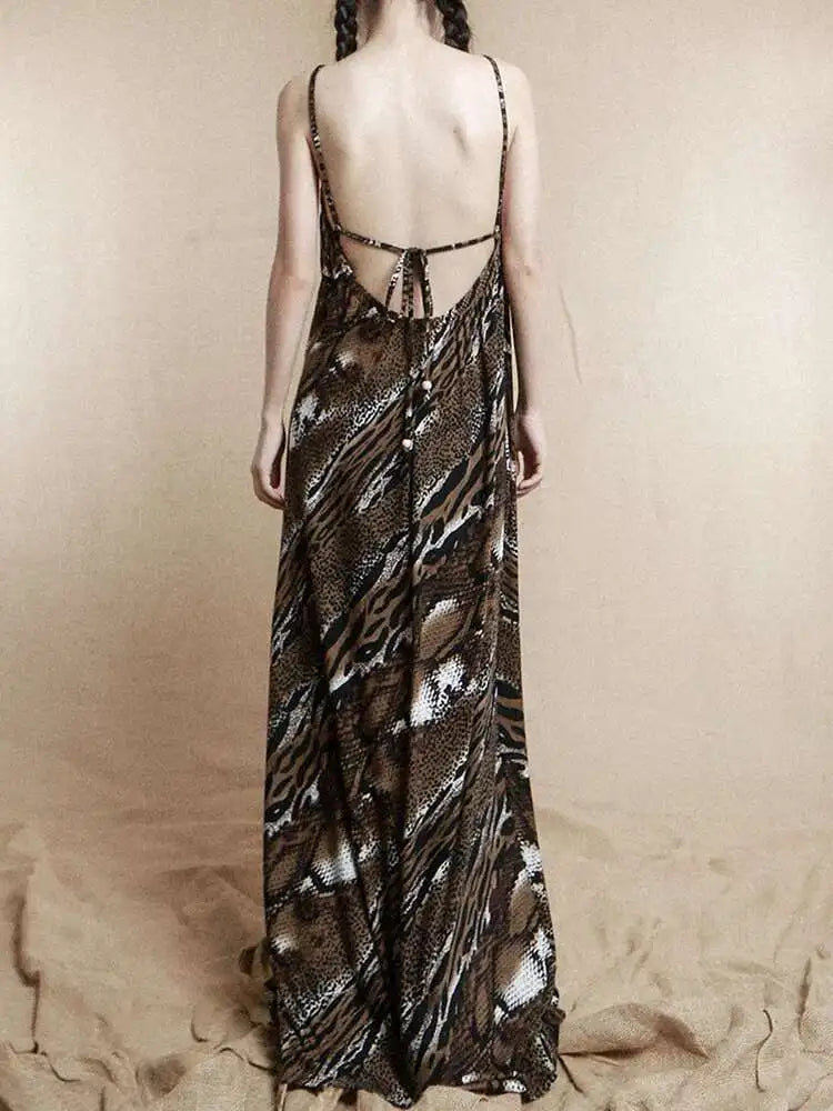 Women Coffee Leopard Printed Long Spaghetti Strap Dress New Square Collar Sleeveless Fashion Spring Autumn 2025 1DH8446