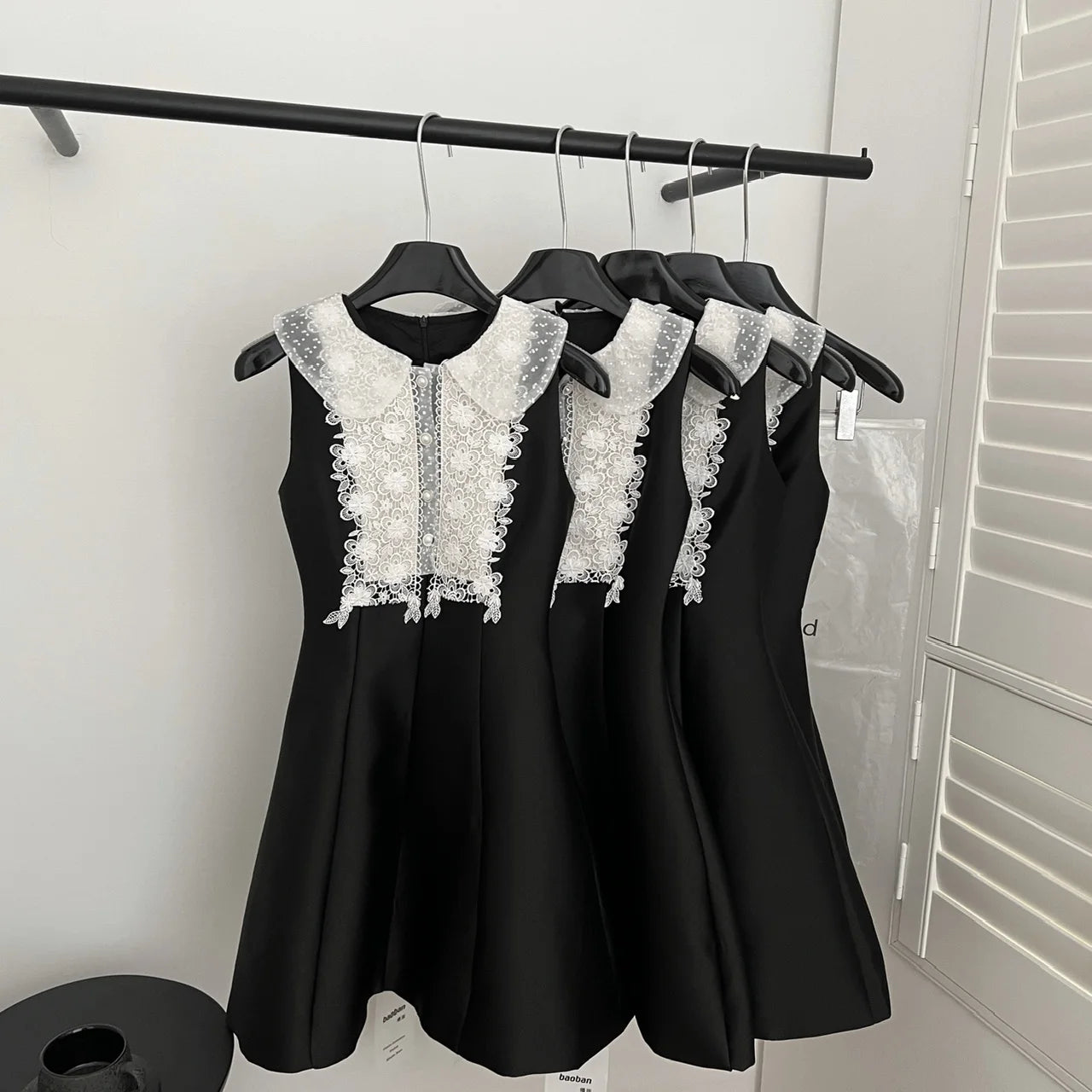 French 2025 Women Black Patchwork Lace Elegant Sleeveless Button High Waist Short Vest Dress Summer Birthday Party Mini Dresses