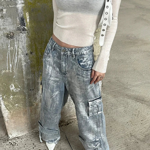 Load image into Gallery viewer, Patchwork Pockets Streetwear Loose Denim Pants For Women High Waist Spliced Button Cargo Jeans Female Fashion
