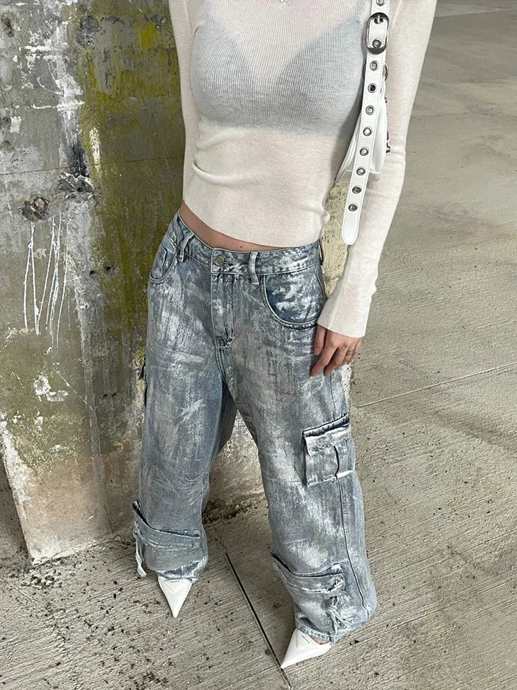 Patchwork Pockets Streetwear Loose Denim Pants For Women High Waist Spliced Button Cargo Jeans Female Fashion