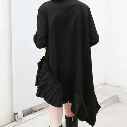 Load image into Gallery viewer, Women Black Pleated Irregular Casual Shirt Dress New Stand Collar Long Sleeve Loose Fit Fashion Spring Autumn 2025 1DF4825
