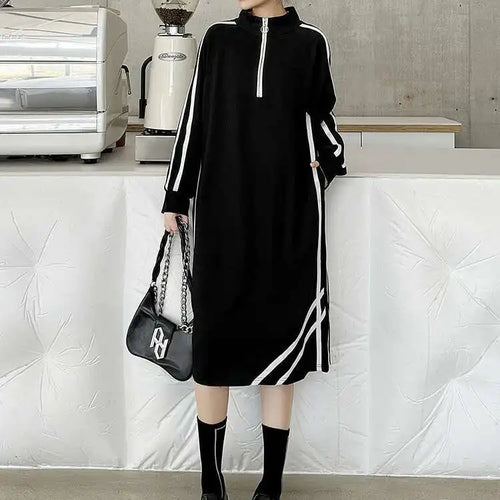 Load image into Gallery viewer, Women Black Striped Spliced Zipper Big Size Midi Dress New Turtleneck Long Sleeve Fashion Tide Spring Autumn 2025 1DH6819
