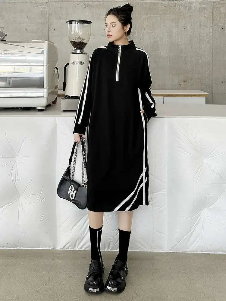 Women Black Striped Spliced Zipper Big Size Midi Dress New Turtleneck Long Sleeve Fashion Tide Spring Autumn 2025 1DH6819