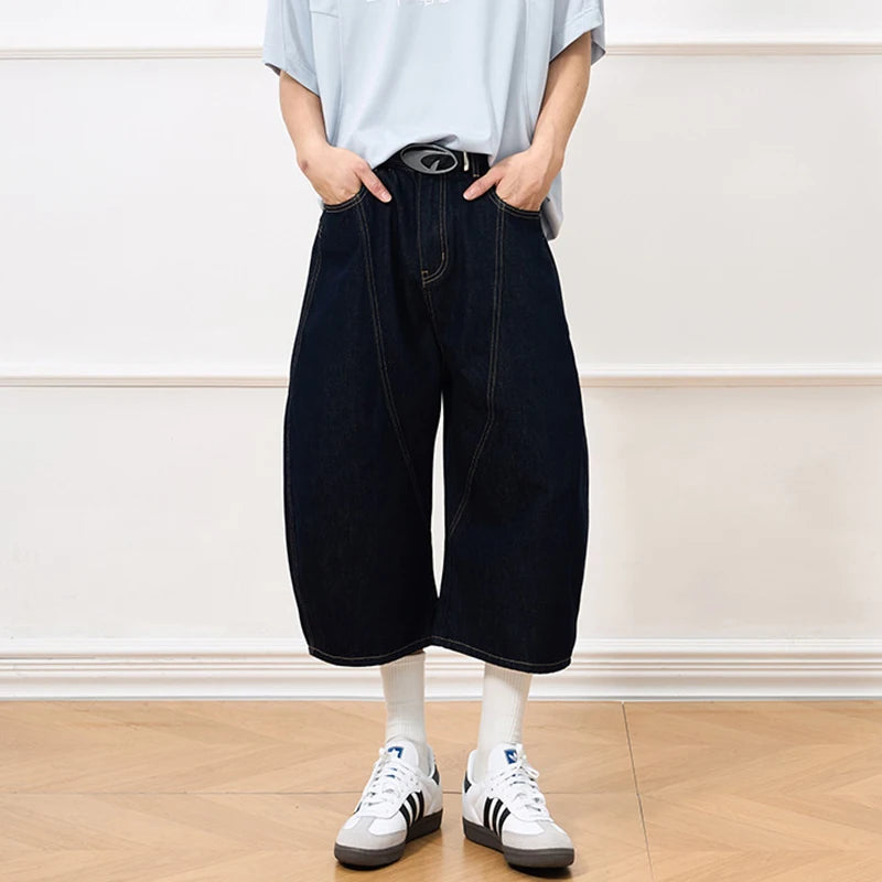 Men's Denim Shorts New  American Style Washed Curved Knife Trendy Line Design Male Solid Color Fashion Clothing 9W1909