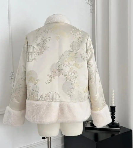 Vintage Winter New Chinese Style Beige Patchwork Embroidered Short Coat Women's Elegant Single Breasted Warm Cotton Jacket Trend