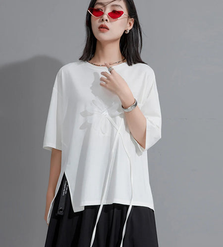 Women Black Flower Ribbon Big Size Casual T-shirt New Round Neck Short Sleeve Fashion Tide Spring Summer 2025 1DH9833