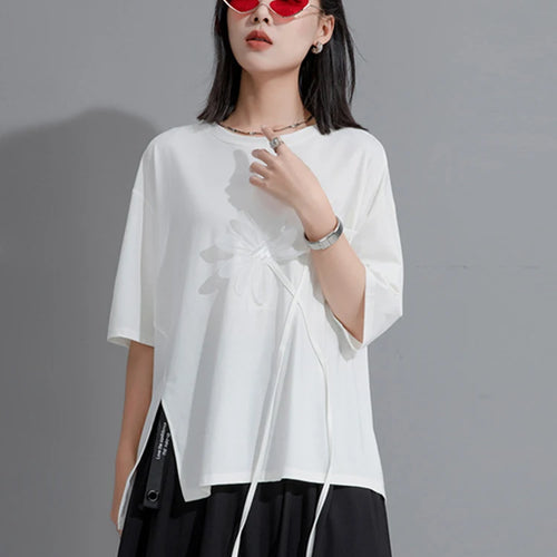 Load image into Gallery viewer, Women Black Flower Ribbon Big Size Casual T-shirt New Round Neck Short Sleeve Fashion Tide Spring Summer 2025 1DH9833
