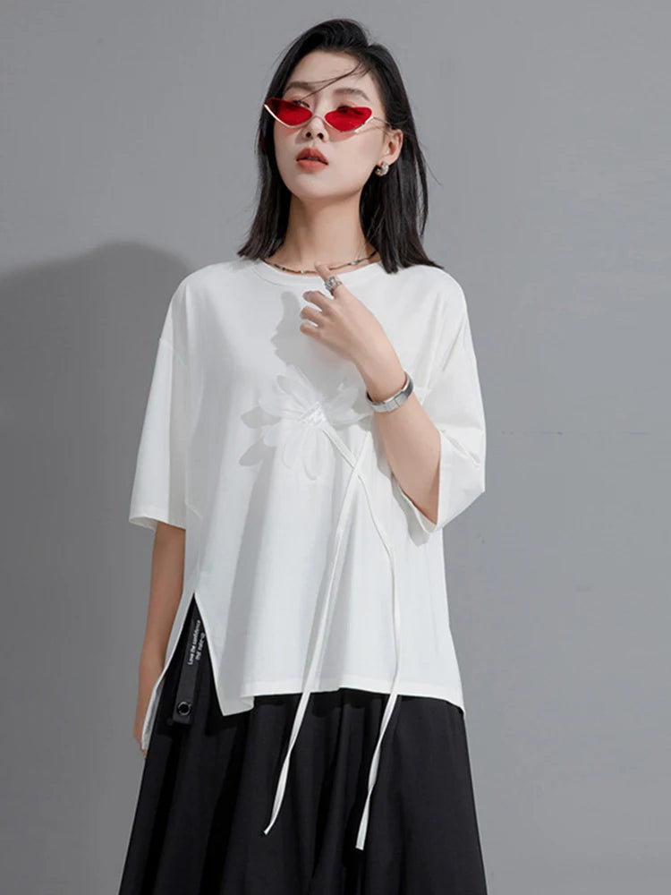 Women Black Flower Ribbon Big Size Casual T-shirt New Round Neck Short Sleeve Fashion Tide Spring Summer 2025 1DH9833