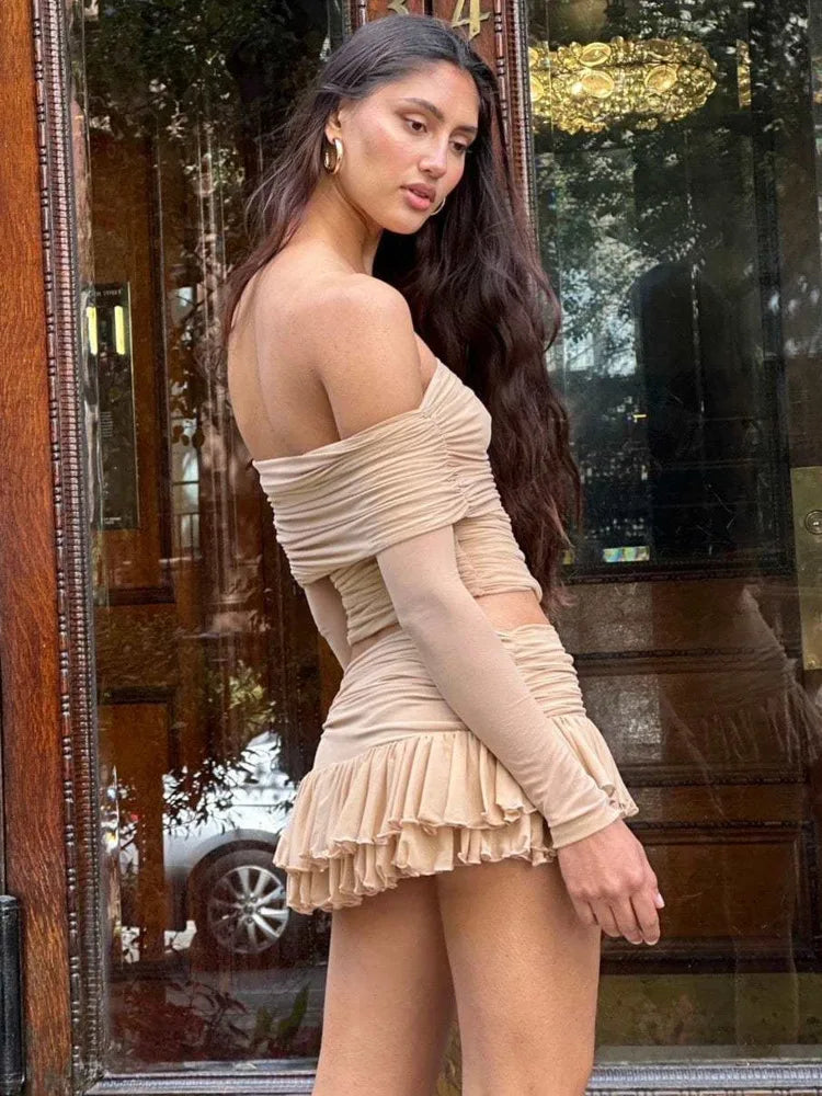 Elegant Off Shoulder Tight Long Sleeve Top Skirt Two Piece Set Women Sexy Bareback Slim Elastic Party Beach Vacation Set
