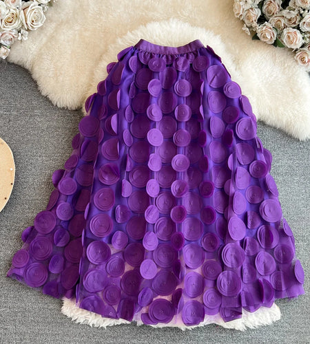 Solid 3d Flower Mesh Splicing Round Polka Dots Casual Skirt Spring Autumn Women Elastic High Waist Midi Skirt Kroean Style Trend