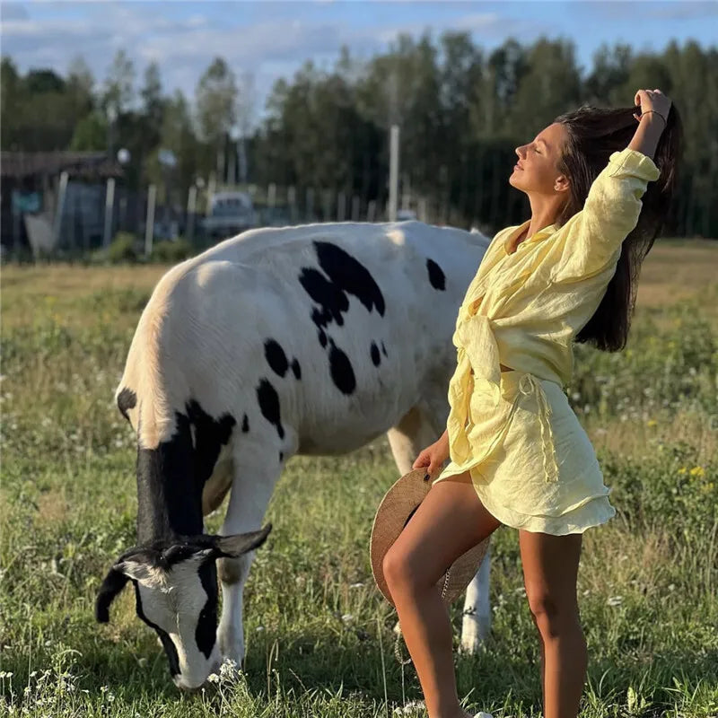 Summer Beach Two Piece Sets Women Long Sleeve Shirt And Mini Skirt Female See Through Loose 2 Piece Set Beachwear