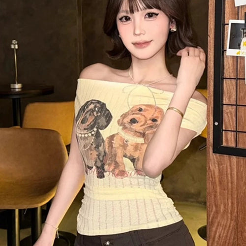 Load image into Gallery viewer, Women Harajuku Cartoon Printing Tops Y2k Aesthetic Sexy Slash Neck Fairy Tees Summer Slim Fit Streetwear Grunge Cropped Tshirts
