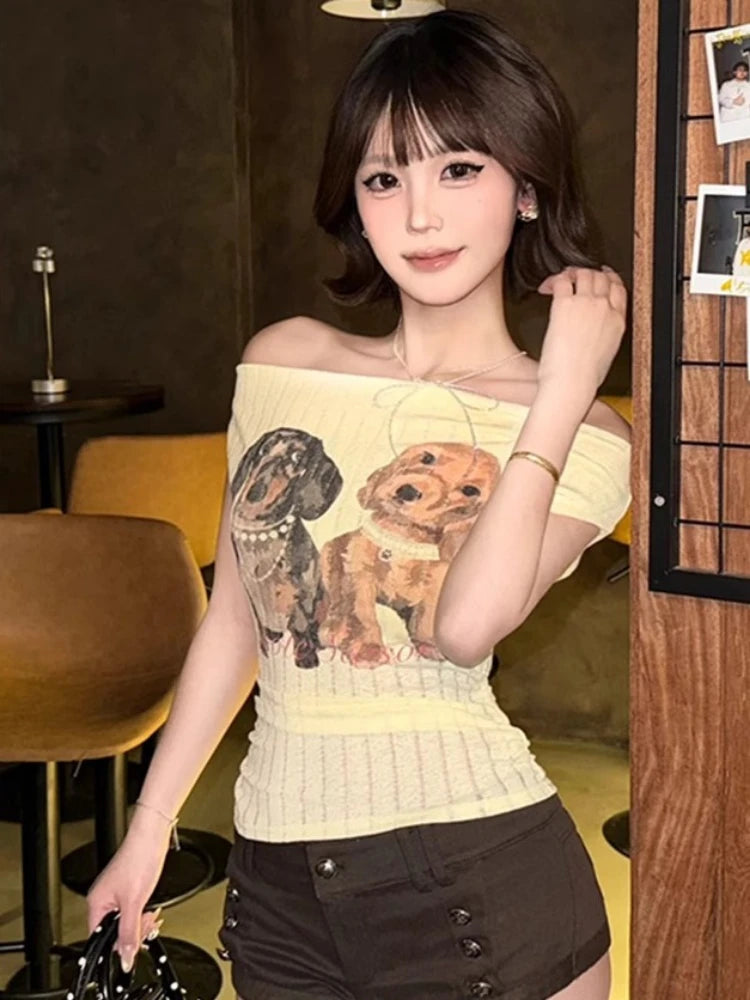 Women Harajuku Cartoon Printing Tops Y2k Aesthetic Sexy Slash Neck Fairy Tees Summer Slim Fit Streetwear Grunge Cropped Tshirts