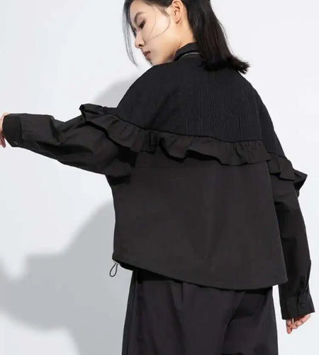 Women Black Ruffles Spliced Big Size Casual Blouse New Lapel Long Sleeve Shirt Fashion Tide Spring Autumn 2025 1DJ0476
