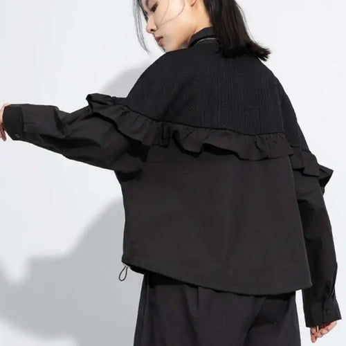 Load image into Gallery viewer, Women Black Ruffles Spliced Big Size Casual Blouse New Lapel Long Sleeve Shirt Fashion Tide Spring Autumn 2025 1DJ0476
