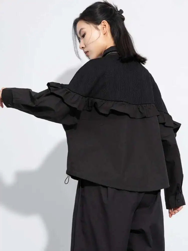 Women Black Ruffles Spliced Big Size Casual Blouse New Lapel Long Sleeve Shirt Fashion Tide Spring Autumn 2025 1DJ0476