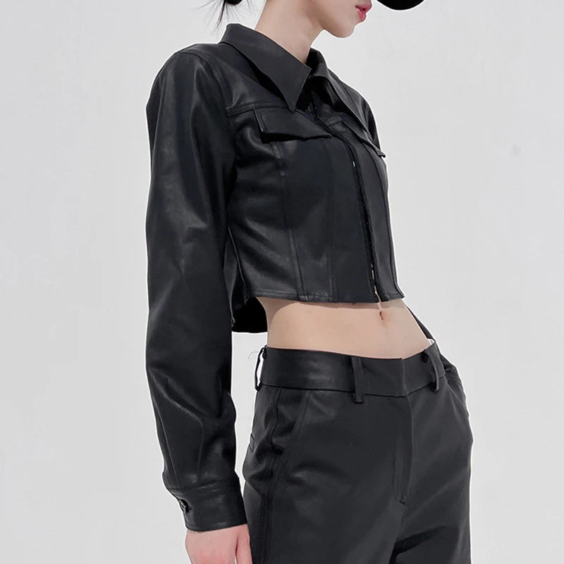 Fashion Chic Black PU Leather Jacket Women Cropped Pins-Up Streetwear Basic Autumn Coat Outwear Slim Jackets Clothing