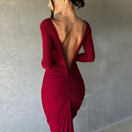 Load image into Gallery viewer, Sexy V-neck Slim Fit Pleated  Long Sleeve Women Dress Front &amp;Back Elegant Female Long Dress Street Party Club Vesidos
