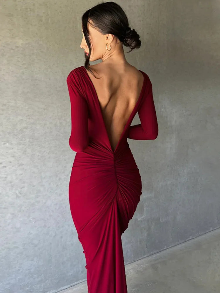 Sexy V-neck Slim Fit Pleated  Long Sleeve Women Dress Front &Back Elegant Female Long Dress Street Party Club Vesidos