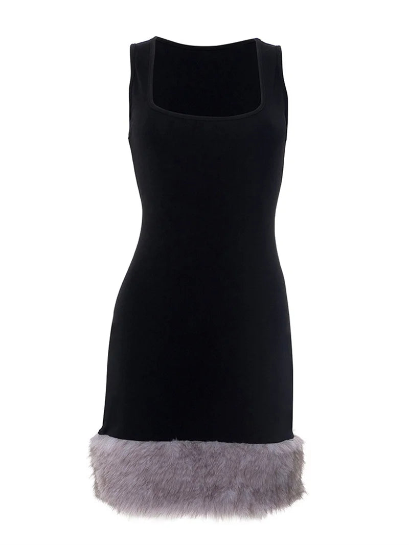 Patchwork Fur Hem Sexy Mini Dress Women Robe Fashion Black Summer New Sleeveless Backless Slim High Waist Sheath Dress