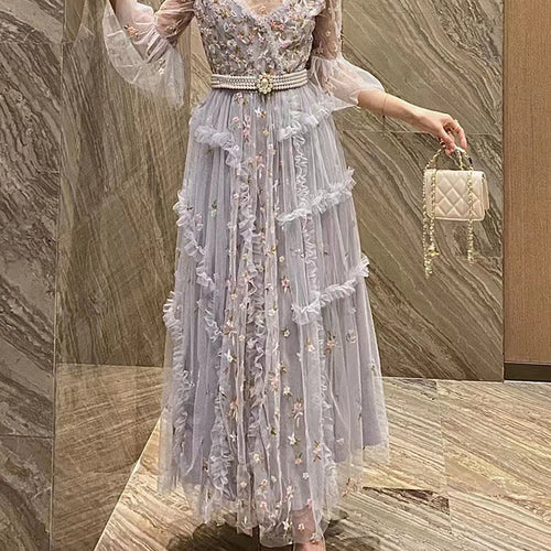 Load image into Gallery viewer, Embroidery Sheer Mesh Dresses For Women Round Neck Short Sleeve High Waist Floral Plrated Dress Female Fashion Clothing New
