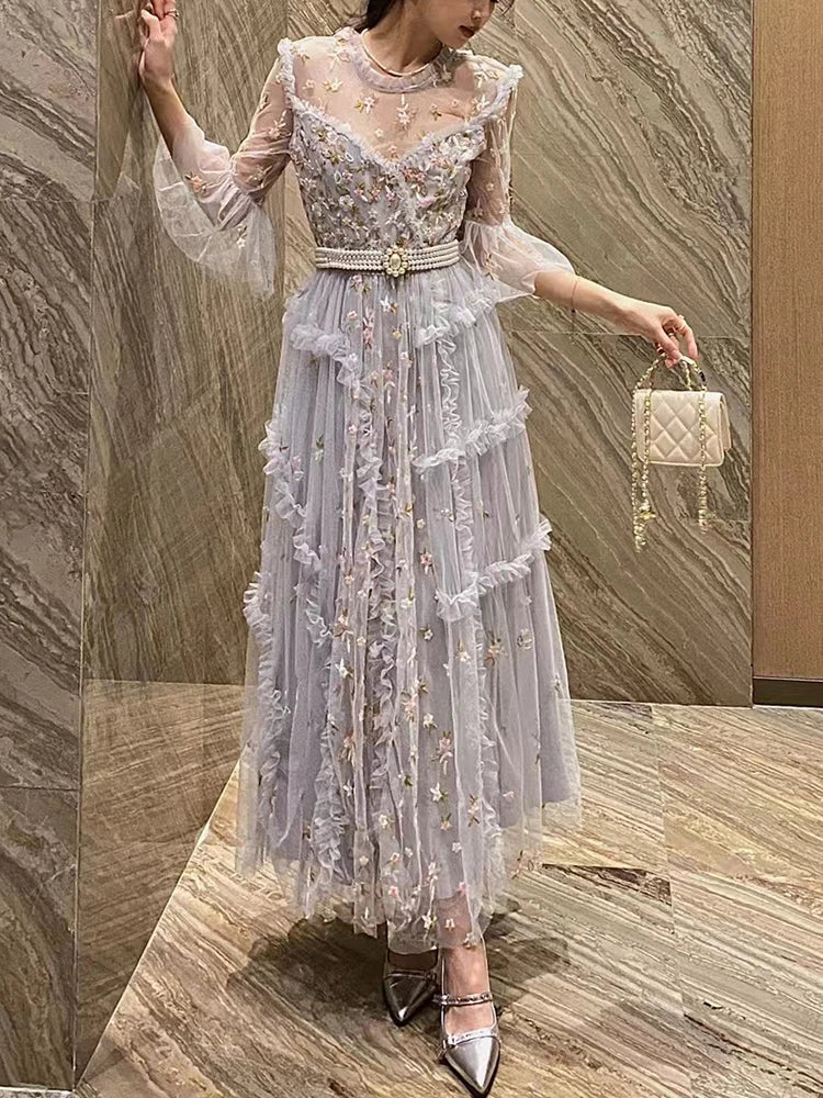 Embroidery Sheer Mesh Dresses For Women Round Neck Short Sleeve High Waist Floral Plrated Dress Female Fashion Clothing New