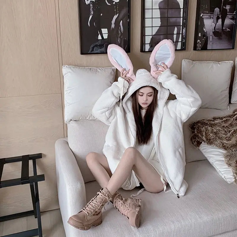Autumn Winter Clothing Furry Jackets for Women Rabbit Ears Hooded Zipper Outwear Thicked Soft Warm Coats Korean Y2k Tops
