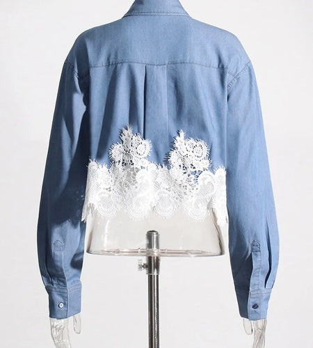 Colorblock Patchwork Lace Denim Blouses For Women Lapel Long Sleeve Spliced Single Breasted Blouse Female Fashion
