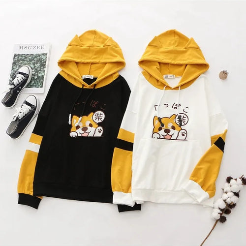 Load image into Gallery viewer, Women Cotton Hoodies And Sweatshirt Cartoon Dog Embroidery Patchwork Hooded Pullover For Sweet Style Girl Drawstring Tracksuits
