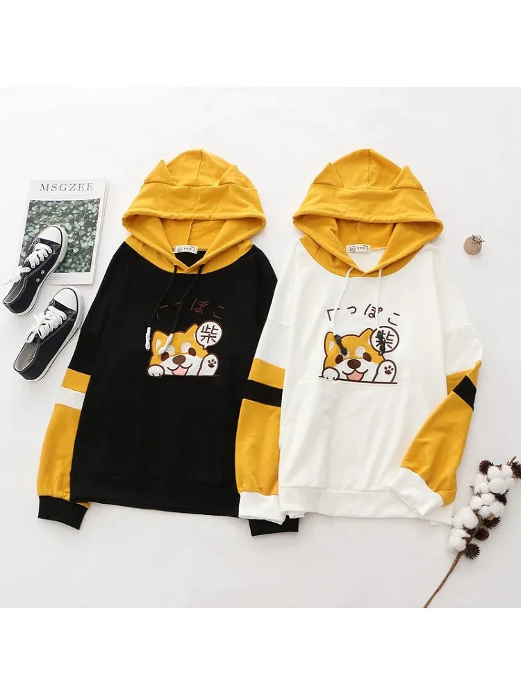 Women Cotton Hoodies And Sweatshirt Cartoon Dog Embroidery Patchwork Hooded Pullover For Sweet Style Girl Drawstring Tracksuits