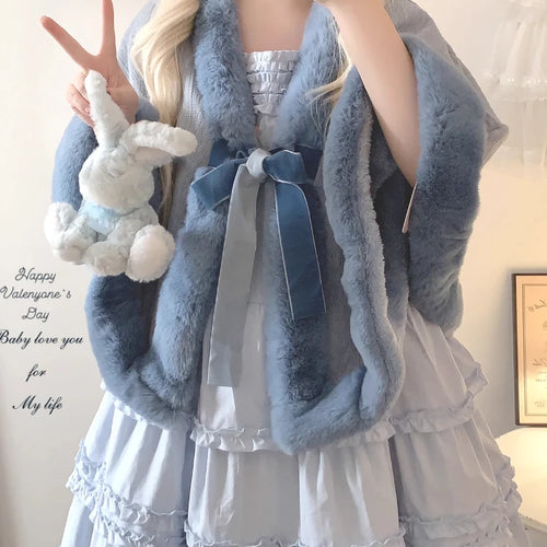 Load image into Gallery viewer, Y2k Aesthetic Fashion Lolita Cloak Coats Sweet Kawaii Fluffy Vintag Elegant Capes Loose Bandage Cute Bow Women Jacket Streetwear
