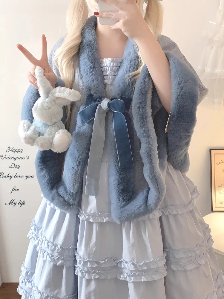 Y2k Aesthetic Fashion Lolita Cloak Coats Sweet Kawaii Fluffy Vintag Elegant Capes Loose Bandage Cute Bow Women Jacket Streetwear