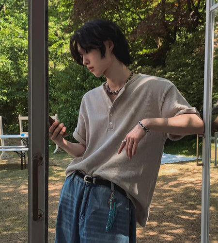 Men's Short Sleeve T-shirt New Summer Loose Solid Color T-shirts Korean V-neck Half Buttons Trendy Male Clothing 9W1616