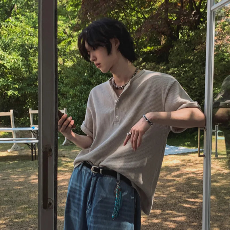 Men's Short Sleeve T-shirt New Summer Loose Solid Color T-shirts Korean V-neck Half Buttons Trendy Male Clothing 9W1616