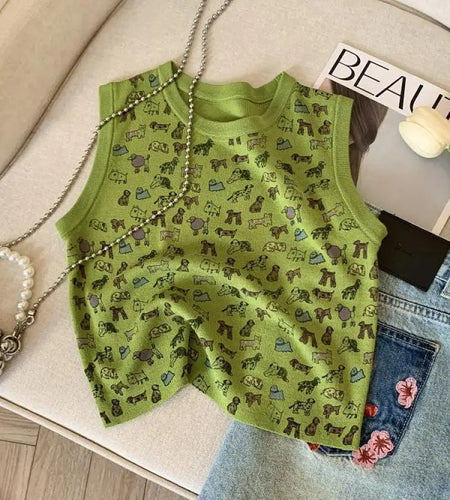 Korean Vintage Green Blue Dog Print Slim Short Knitted Vest Summer Women Round Neck Sleeveless Vacation Pullover Tops 2025 Trend