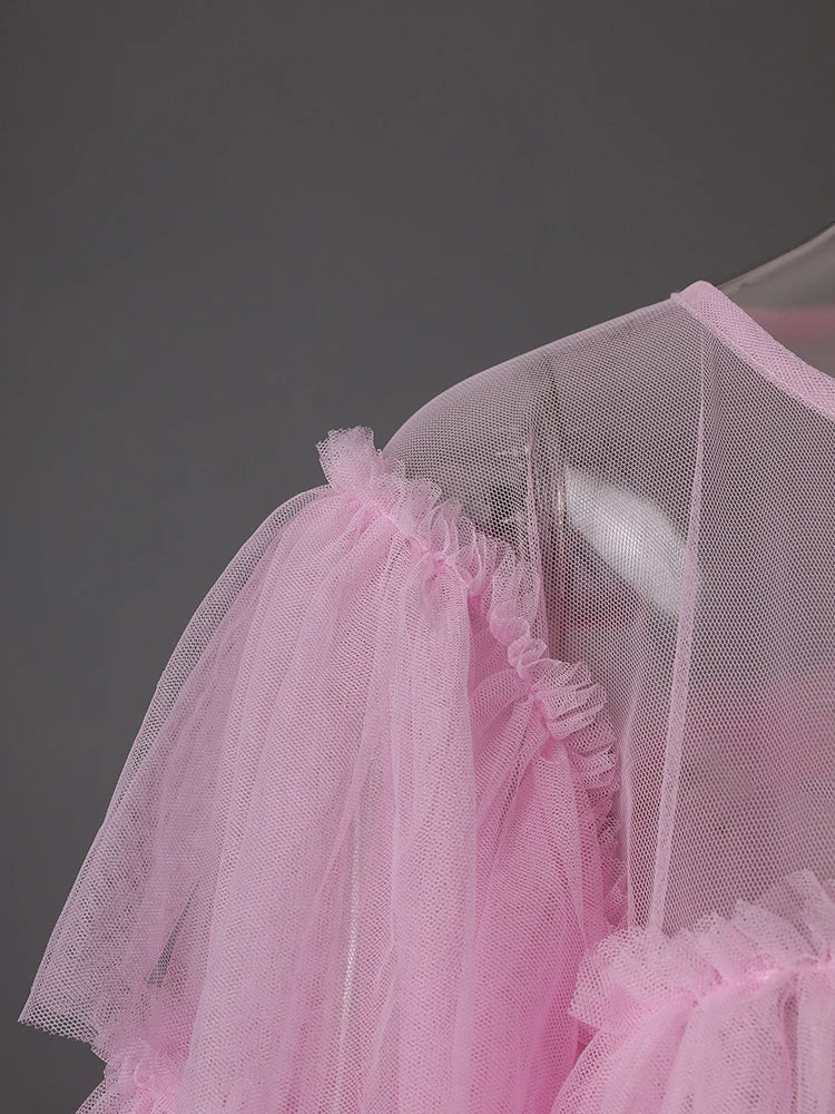 Mesh T-shirt Cake Half-body Skirt Two Pieces Suit New Round Neck Short Sleeve Women Fashion Spring Summer 2025 CPG3209