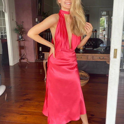 Load image into Gallery viewer, Satin Sexy Deep V-neck Halter Women Dress Green Backless High Slit Dress Women Summer Skinny Fashion Party Clubwear 2022
