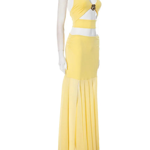 Load image into Gallery viewer, Yellow Sexy Skirt Two Piece Sets Women Halter Lace-up Crop Tops And Maxi Skirt Female Elegant Club 2 Piece Sets Dress
