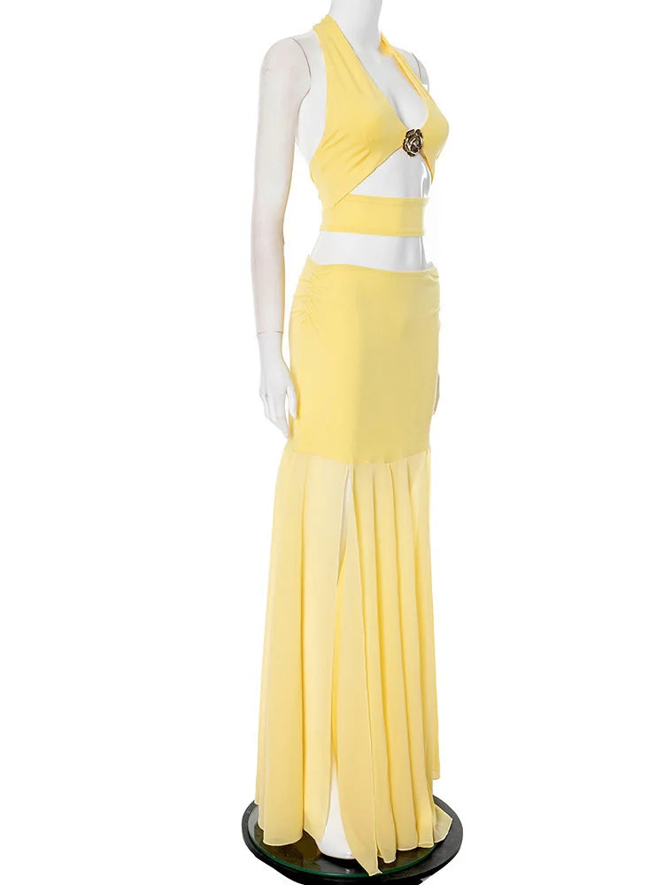 Yellow Sexy Skirt Two Piece Sets Women Halter Lace-up Crop Tops And Maxi Skirt Female Elegant Club 2 Piece Sets Dress
