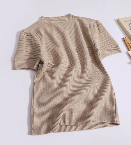 Women Spring Summer Brown Elegant Round Collar T-shirt Korean Slim Short Sleeved Pullovers Tops Causal Fashion Streetwear Ladies