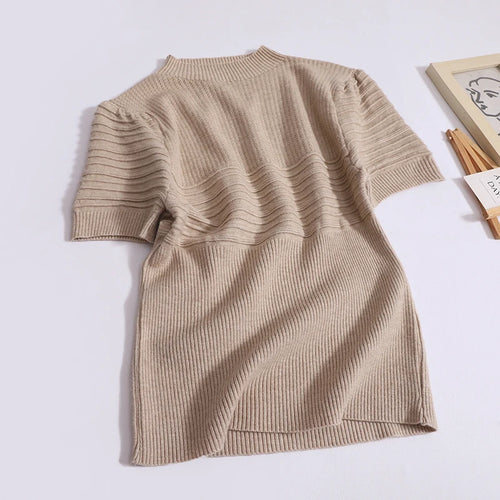 Load image into Gallery viewer, Women Spring Summer Brown Elegant Round Collar T-shirt Korean Slim Short Sleeved Pullovers Tops Causal Fashion Streetwear Ladies
