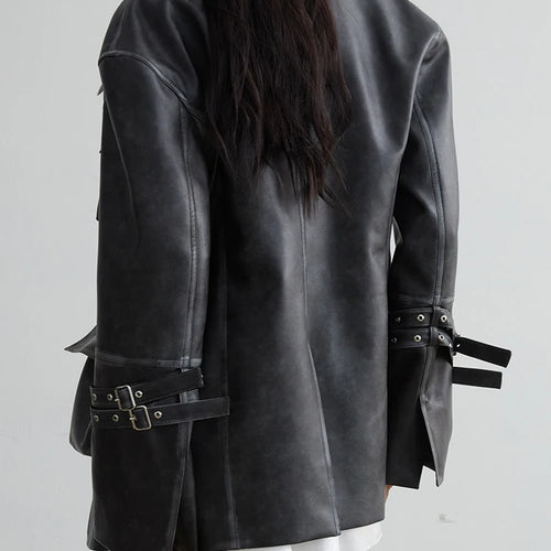 Load image into Gallery viewer, Loose Fit Black Pocket Big Size PU Leather Jacket New Lapel Long Sleeve Women Coat Fashion Tide Spring Autumn 2025 1DH2883
