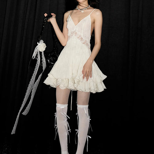 Load image into Gallery viewer, Women Beige Lace Hollow Out Elegant Spaghetti Strap Dress New V-Neck Sleeveless Fashion Tide Spring Summer 2025 1DJ1450
