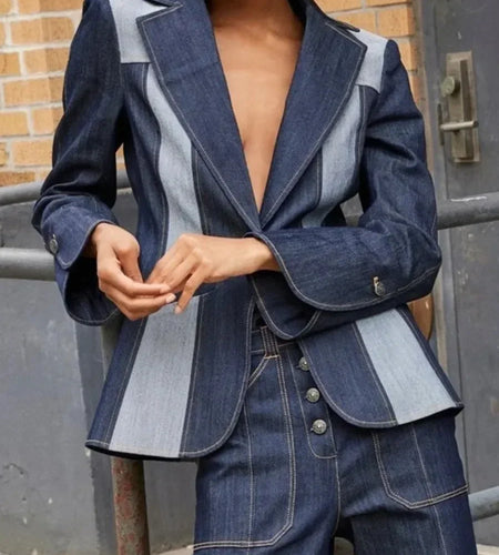 Autumn Winter Women's Denim Coat Contrast Color Split-Joint Deep V-Neck Classic Jean Jacket Outerwear for Female