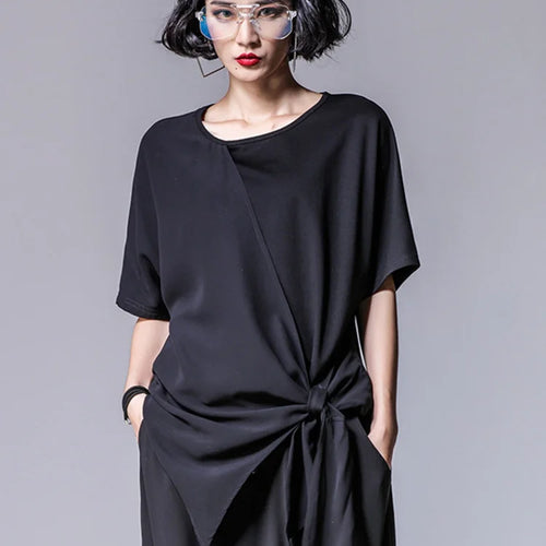 Load image into Gallery viewer, Women Black Asymmetric Chiffon Pleated Big Size T-shirt New Round Neck Short Sleeve Fashion Spring Summer 2025 1DF4730
