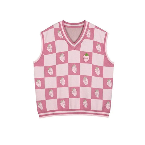 Load image into Gallery viewer, Sweet Pink Plaid V-Neck Sleeveless Knitted Sweater Vest Women Y2k Strawberry Waistcoat Spring Autumncute Vests Tops

